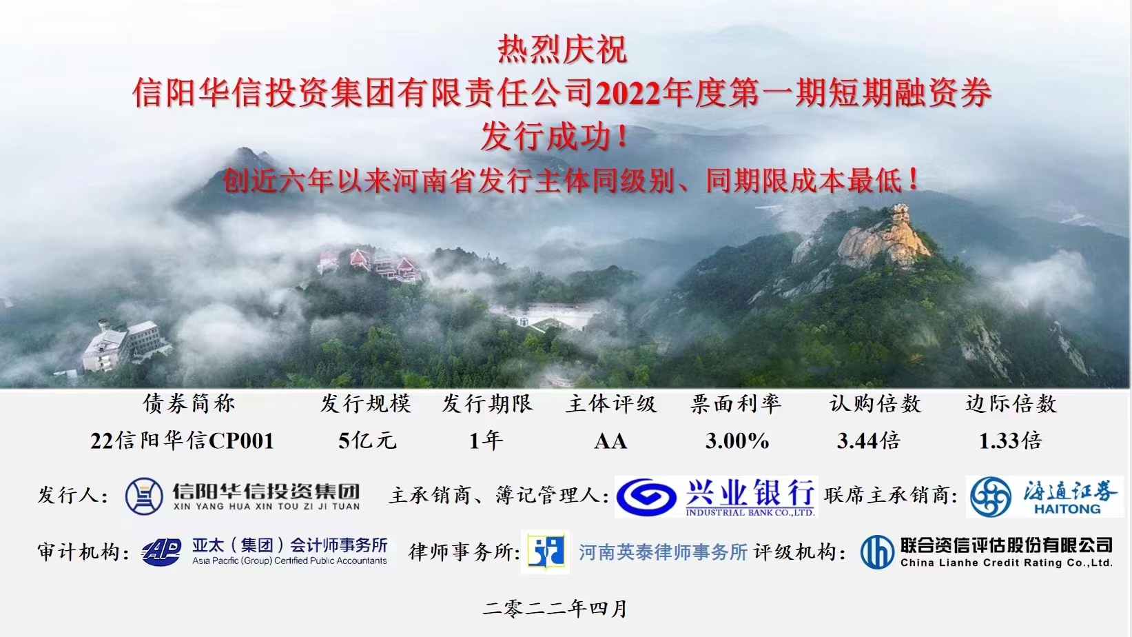 热烈庆祝3044永利集团官网2022年度第一期短期融资券发行成功